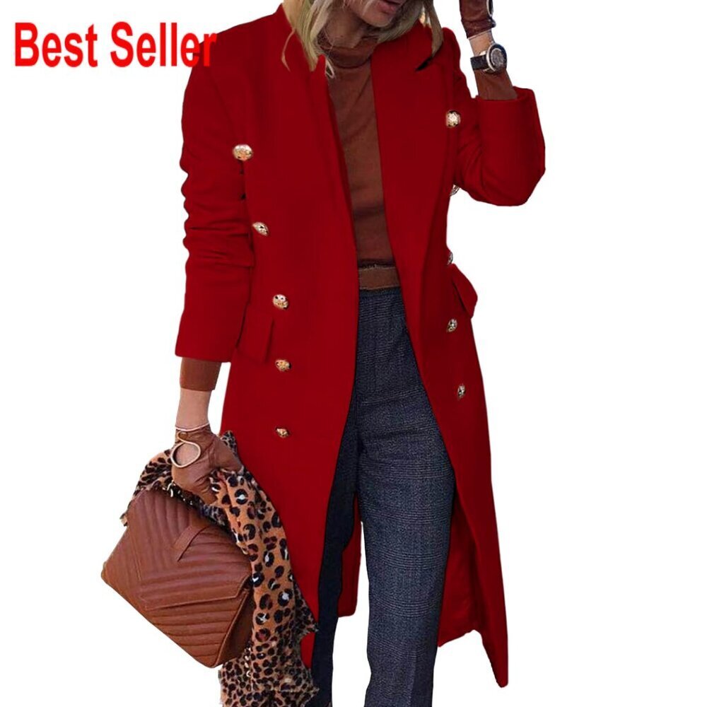 Long Wool Pea Coat Double Breasted Trench Elegant Classic Dressy Office Wear